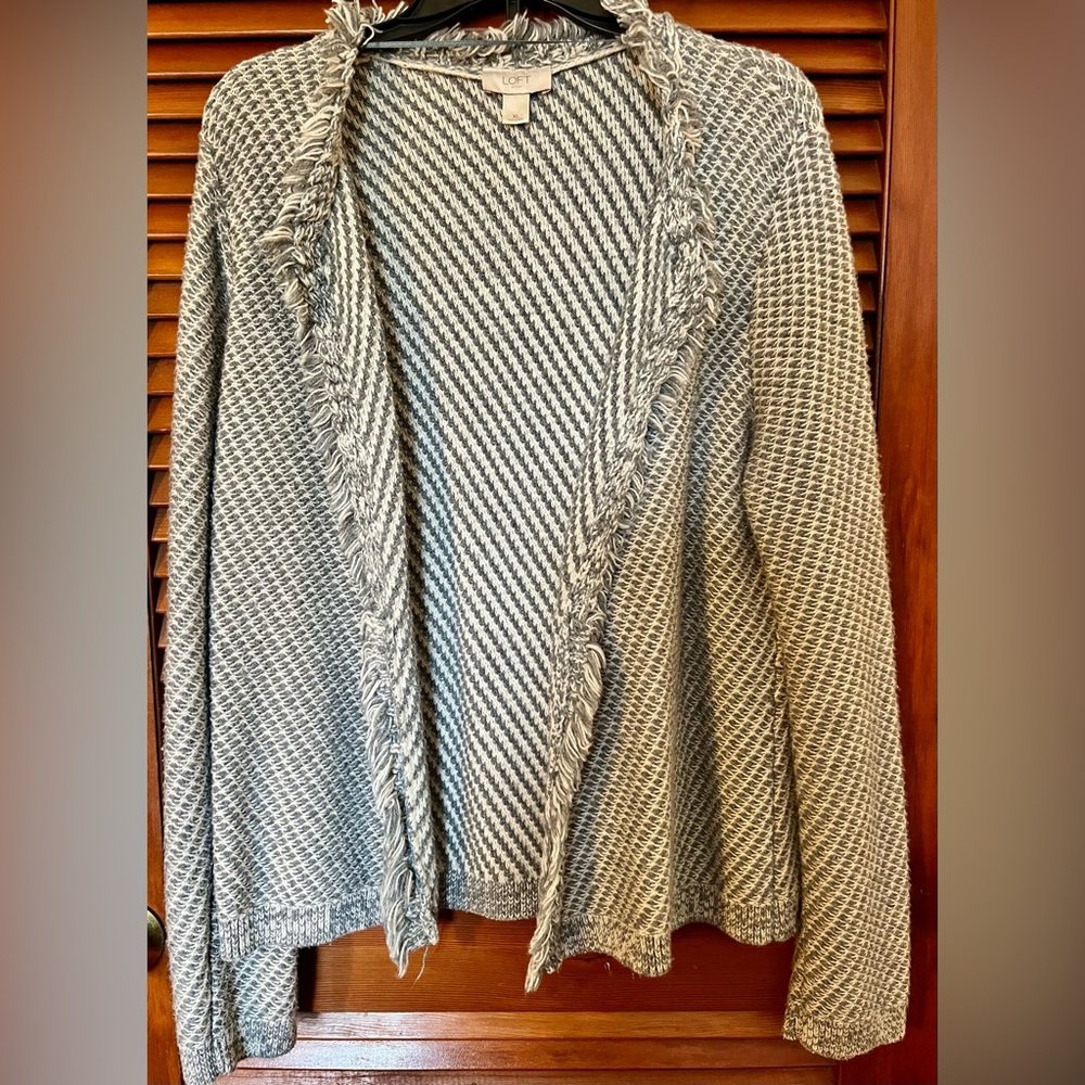 LOFT Womens Cardigan Sweater Open Front Fringe Gray (XL)